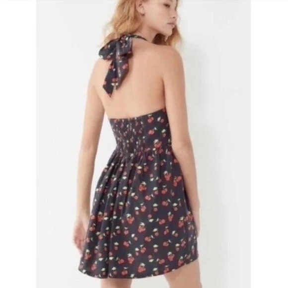 Urban Outfitters | Mamie Linen Cherry Print Retro Halter Mini Dress Small - Picture 3 of 8